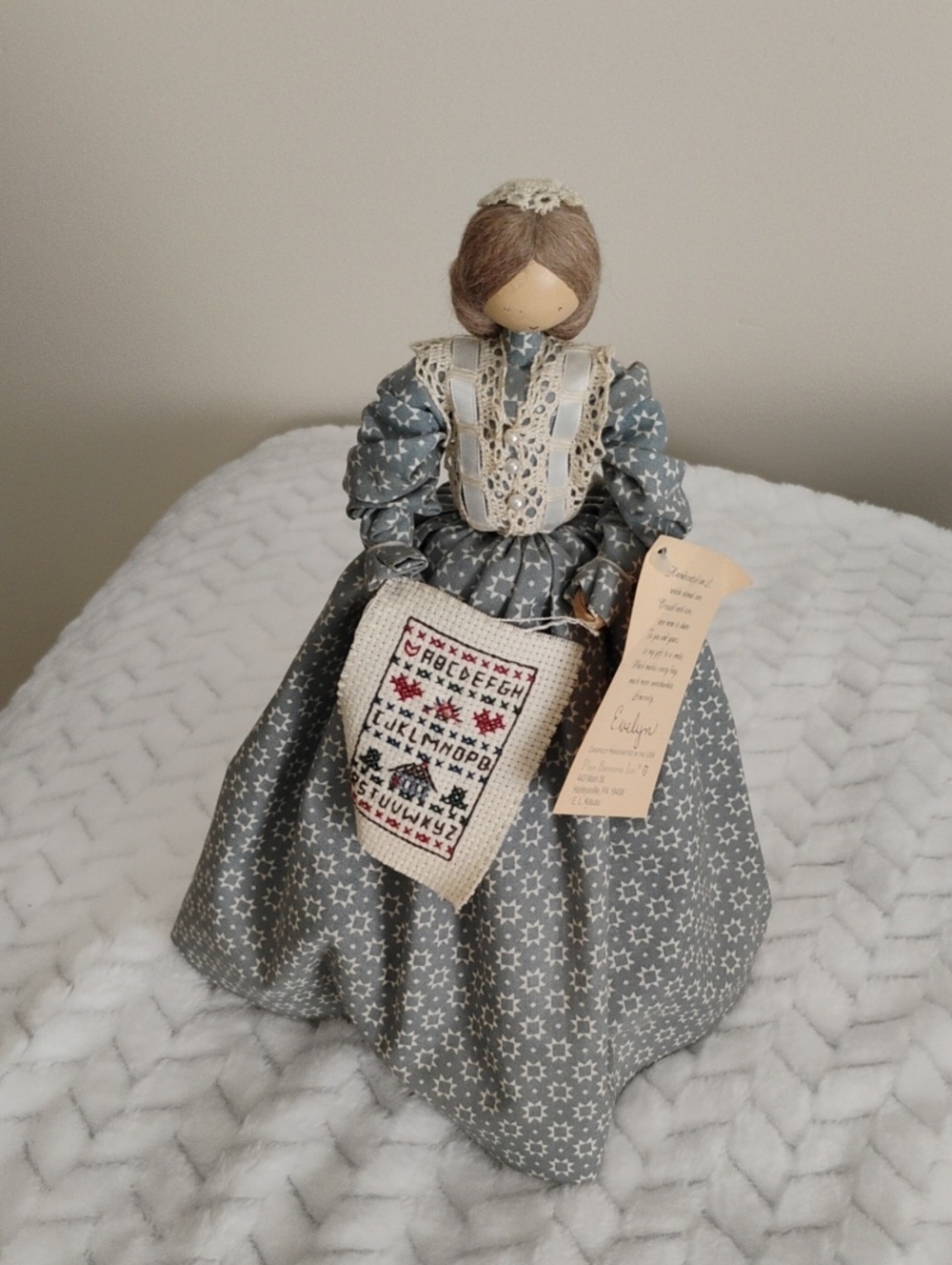 Vintage Handcrafted Gray Star-Pattern Decorative Doll with Cross-Stitch Apron